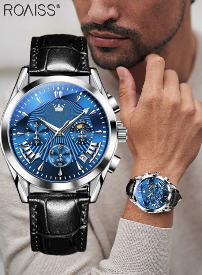 رويس ساعة كرونوغراف كوارتز بحزام جلدي للرجال، ساعة بقرص أزرق دائري مع عرض مرحلة القمر والتقويم، ساعة يد مضيئة مقاومة للماء كهدية للرجال - Image 2