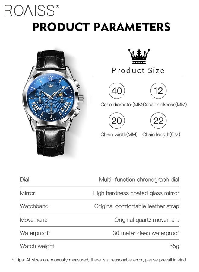رويس ساعة كرونوغراف كوارتز بحزام جلدي للرجال، ساعة بقرص أزرق دائري مع عرض مرحلة القمر والتقويم، ساعة يد مضيئة مقاومة للماء كهدية للرجال - Image 4