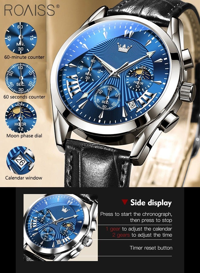 رويس ساعة كرونوغراف كوارتز بحزام جلدي للرجال، ساعة بقرص أزرق دائري مع عرض مرحلة القمر والتقويم، ساعة يد مضيئة مقاومة للماء كهدية للرجال - Image 5