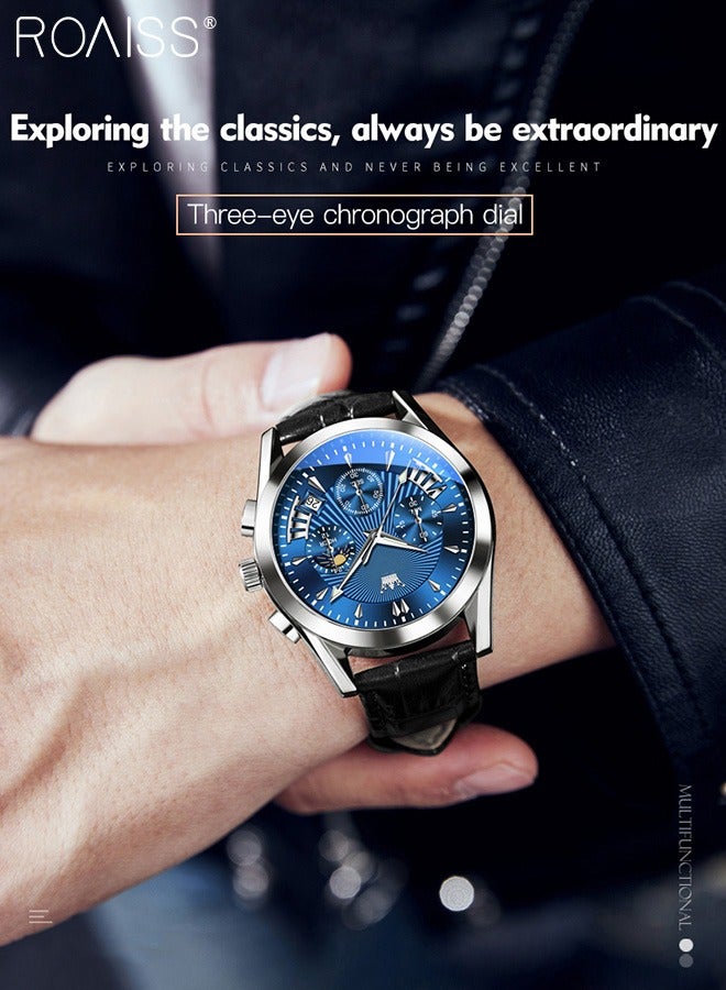 رويس ساعة كرونوغراف كوارتز بحزام جلدي للرجال، ساعة بقرص أزرق دائري مع عرض مرحلة القمر والتقويم، ساعة يد مضيئة مقاومة للماء كهدية للرجال - Image 3