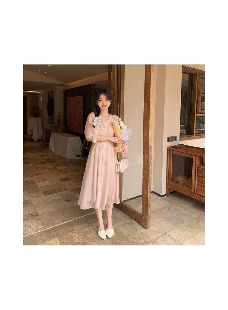 1-Piece V-Neck Waist Fitting Dress,High Waisted Sweet Summer Skirt,Size S,Colour Pink - Image 1