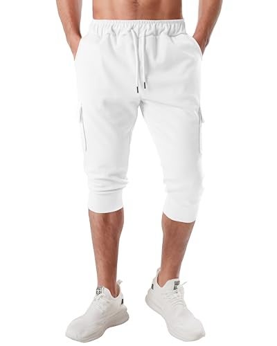 Ohoo Men's 3/4 Capri Cargo Joggers Slim Fit Lightweight Active Pants for Yoga Running Casual Wear / DCA201-WHITE-M - Image 2