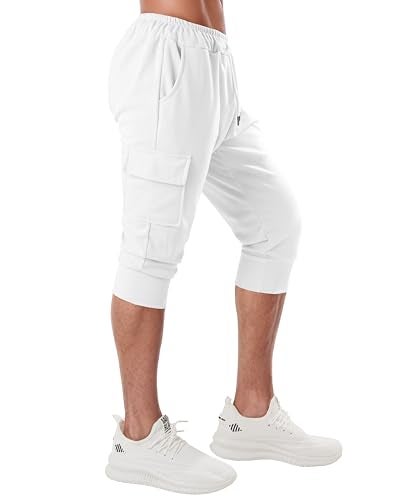 Ohoo Men's 3/4 Capri Cargo Joggers Slim Fit Lightweight Active Pants for Yoga Running Casual Wear / DCA201-WHITE-M - Image 3