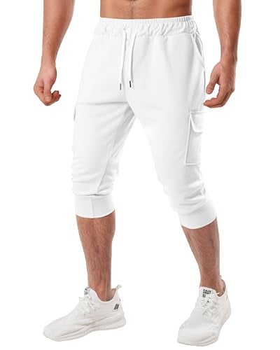 Ohoo Men's 3/4 Capri Cargo Joggers Slim Fit Lightweight Active Pants for Yoga Running Casual Wear / DCA201-WHITE-M - Image 1