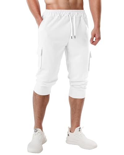 Ohoo Men's 3/4 Capri Cargo Joggers Slim Fit Lightweight Active Pants for Yoga Running Casual Wear / DCA201-WHITE-M - Image 4