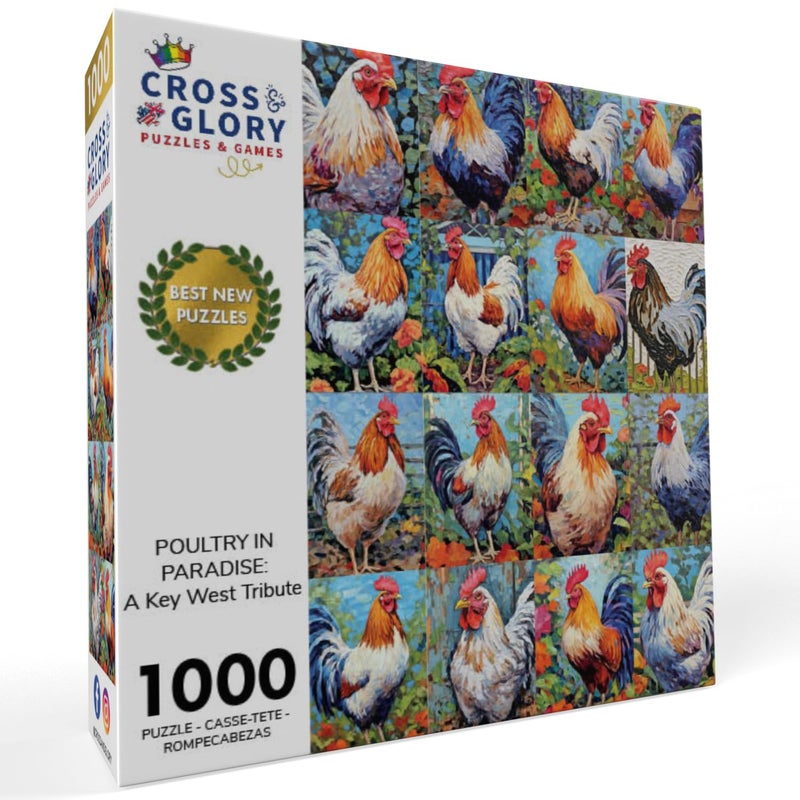 Cross & Glory - Vibrant - Poultry in Paradise: A Key West Tribute - 1000 Piece Jigsaw Puzzle for Adults | Vibrant Chicken Collage | 20 x 27 Inches - Image 2