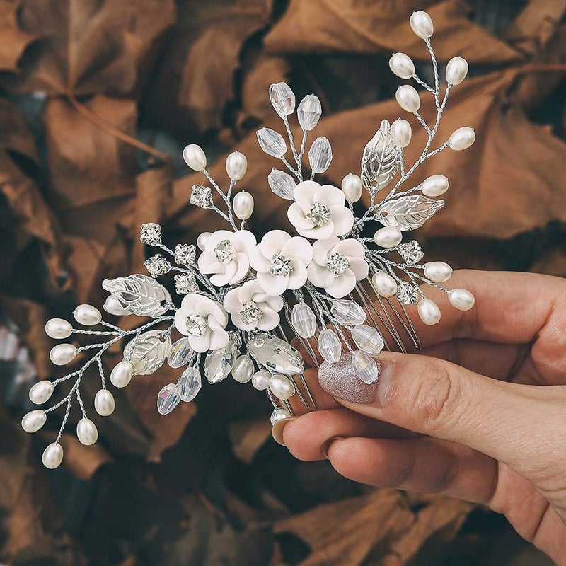 Unicra Flower Bride Wedding Hair Comb Leaf Silver Bridal Headpiece Pearl Hair Accessories Crystal Hair Piece Jewelry for Women and Girls A Silver