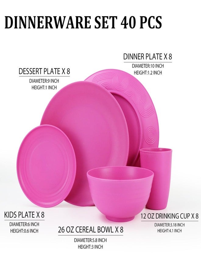 Perlapoc 40-Piece Plates and Bowls Sets Wheat Straw Unbreakable Reusable Dinnerware Set Dinner Plates Serving Bowls Drinking Cup Kitchen Dishes for Restaurants Picnics Schools - Pink - Image 2