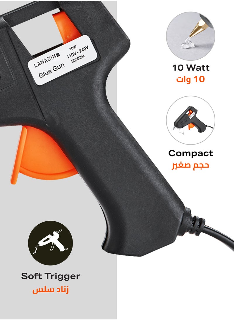 LAWAZIM - Black Glue Gun - 10W with 32 Piece Glue Sticks 7.4x200mm - Mini Hot Glue Gun for Crafts, DIY, and Home Repairs, Fast Heating, Soft Trigger, BS Plug, Ideal for Cardboard, Fabric, and Plastic - Image 1
