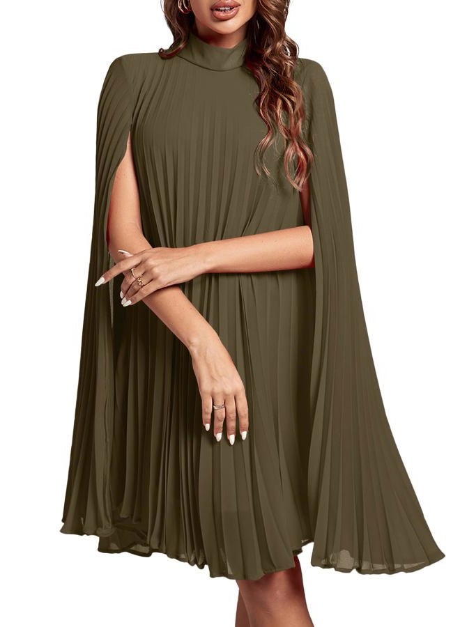 Rooscier Women's Mock Neck Cloak Sleeve Pleated Keyhole Back Flowy Party Midi Dress, Plain Army Green, M - Image 1