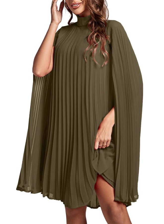 Rooscier Women's Mock Neck Cloak Sleeve Pleated Keyhole Back Flowy Party Midi Dress, Plain Army Green, M - Image 4