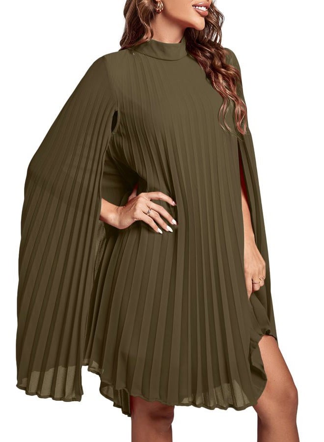 Rooscier Women's Mock Neck Cloak Sleeve Pleated Keyhole Back Flowy Party Midi Dress, Plain Army Green, M - Image 3