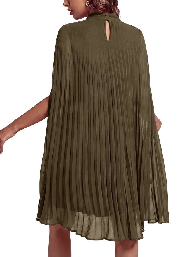 Rooscier Women's Mock Neck Cloak Sleeve Pleated Keyhole Back Flowy Party Midi Dress, Plain Army Green, M - Image 2