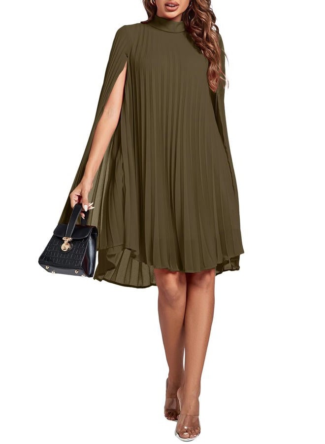 Rooscier Women's Mock Neck Cloak Sleeve Pleated Keyhole Back Flowy Party Midi Dress, Plain Army Green, M - Image 5