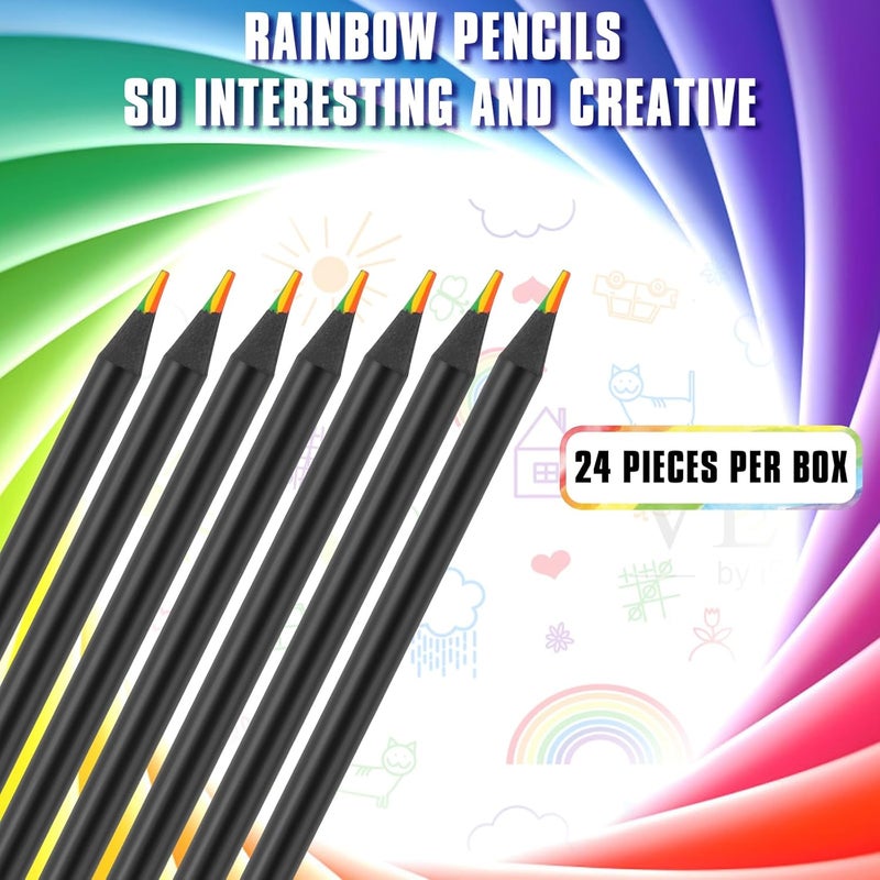 TINNIVI Art Supplies for Kids, 7 Color Black Wooden Rainbow Colored Pencils, Pre-sharpened, Multicolored Core, with Sharpener, for Coloring Books, Drawing, Sketching, 24pcs - Image 4