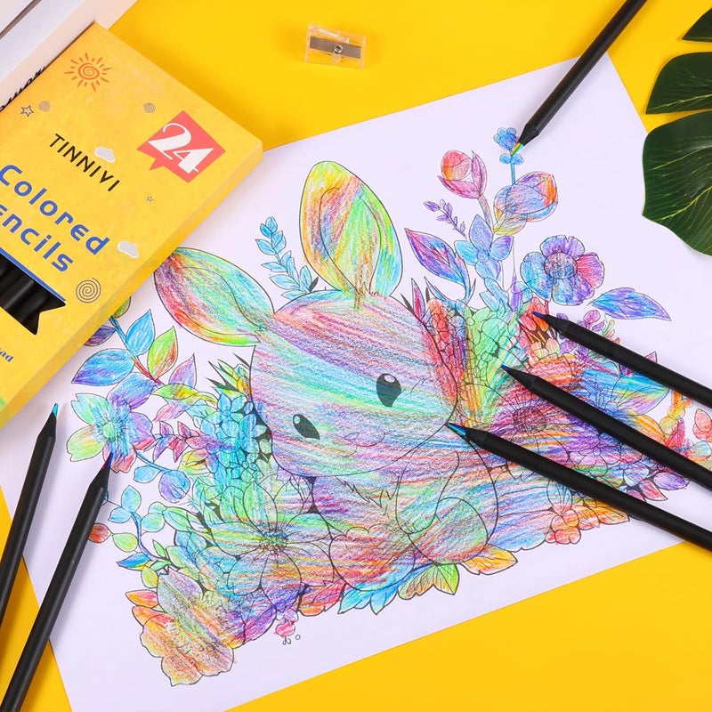 TINNIVI Art Supplies for Kids, 7 Color Black Wooden Rainbow Colored Pencils, Pre-sharpened, Multicolored Core, with Sharpener, for Coloring Books, Drawing, Sketching, 24pcs - Image 5