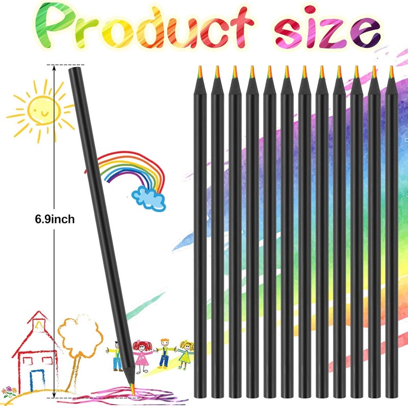 TINNIVI Art Supplies for Kids, 7 Color Black Wooden Rainbow Colored Pencils, Pre-sharpened, Multicolored Core, with Sharpener, for Coloring Books, Drawing, Sketching, 24pcs - Image 2