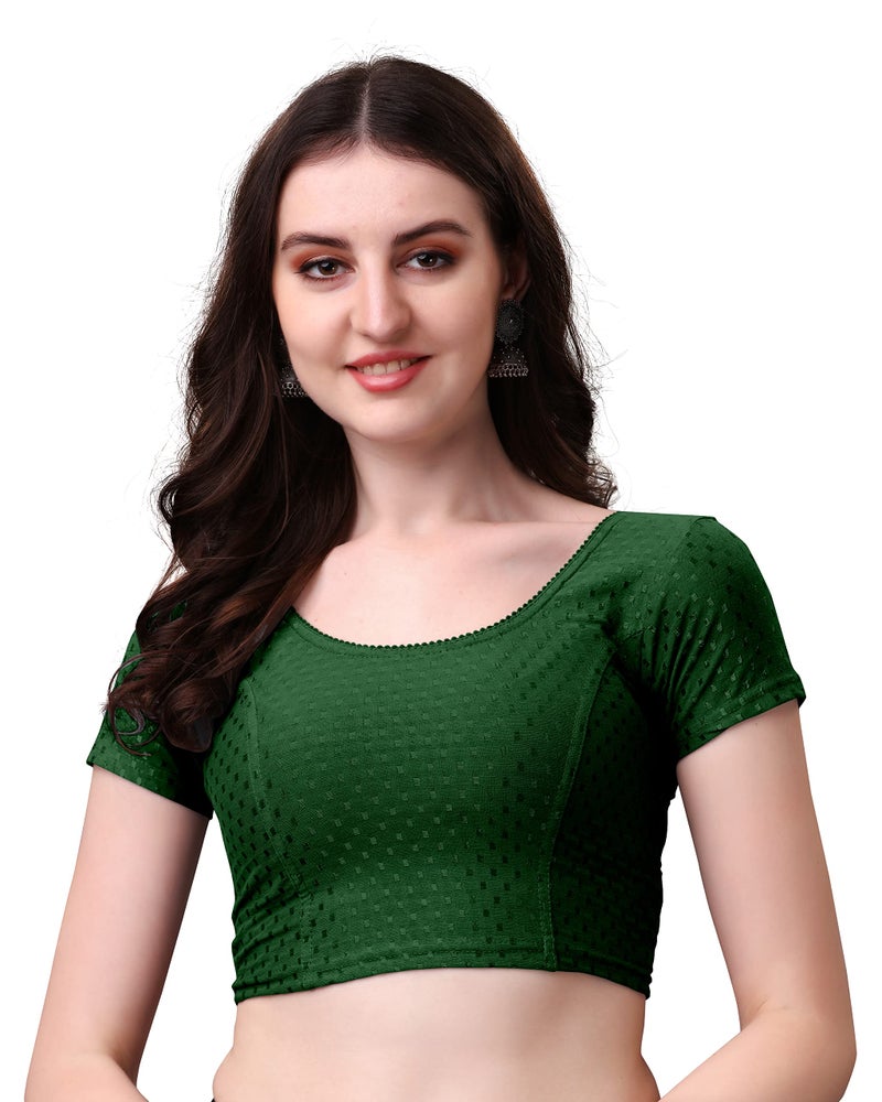 Kipzy Women's Cotton Stretchable Saree Blouse – Round Neck, Short Sleeves, Readymade Slim Fit Blouse for Women 38 Green - Image 4