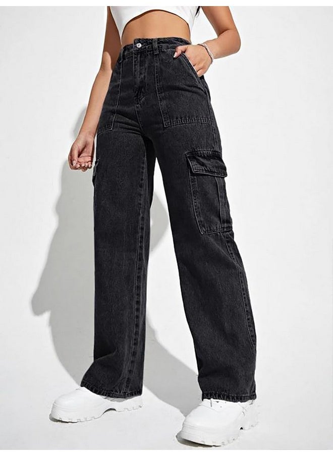 Kotty KOTTY Women's Solid High Rise Cargo Relaxed Fit Jeans, Black  - Image 3