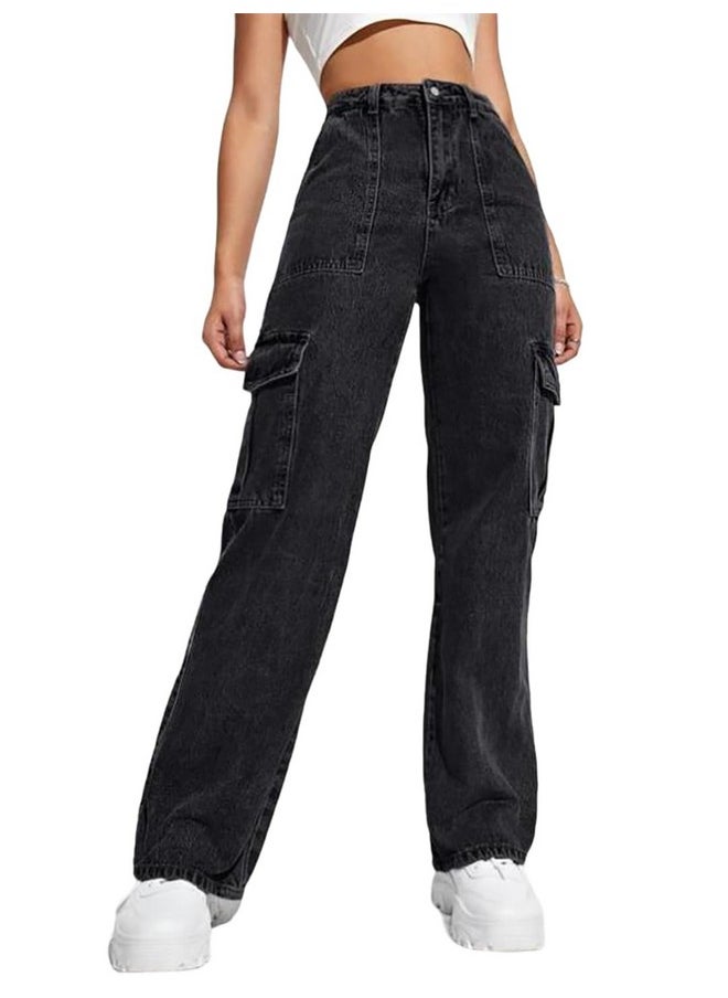 Kotty KOTTY Women's Solid High Rise Cargo Relaxed Fit Jeans, Black  - Image 1