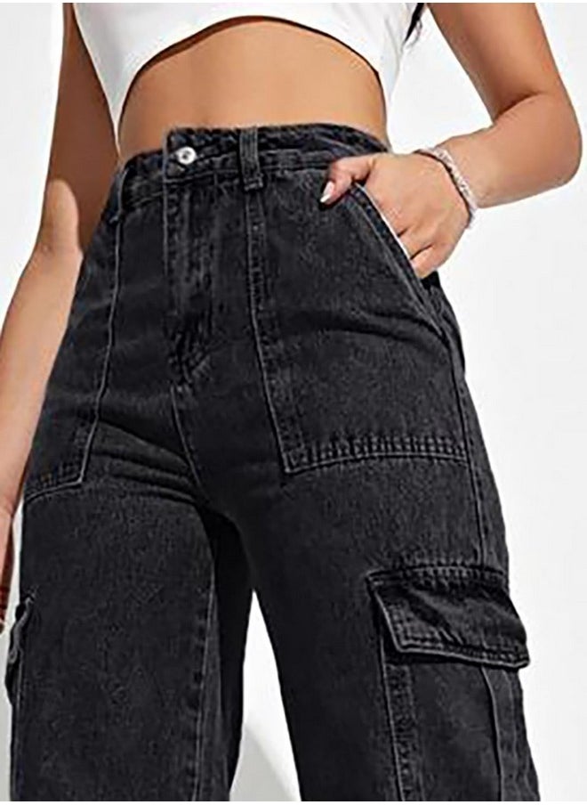 Kotty KOTTY Women's Solid High Rise Cargo Relaxed Fit Jeans, Black  - Image 5