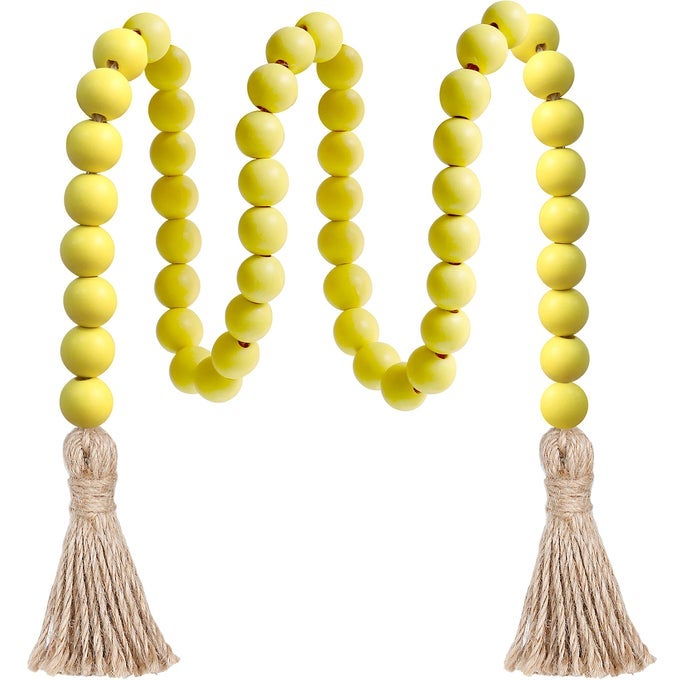 39IN WOOD BEAD GARLAND FARMHOUSE WITH TASSELSVERSATILE PRAYER BEADS BOHO CHIC WALL HANGING HOME DECOR YELLOW