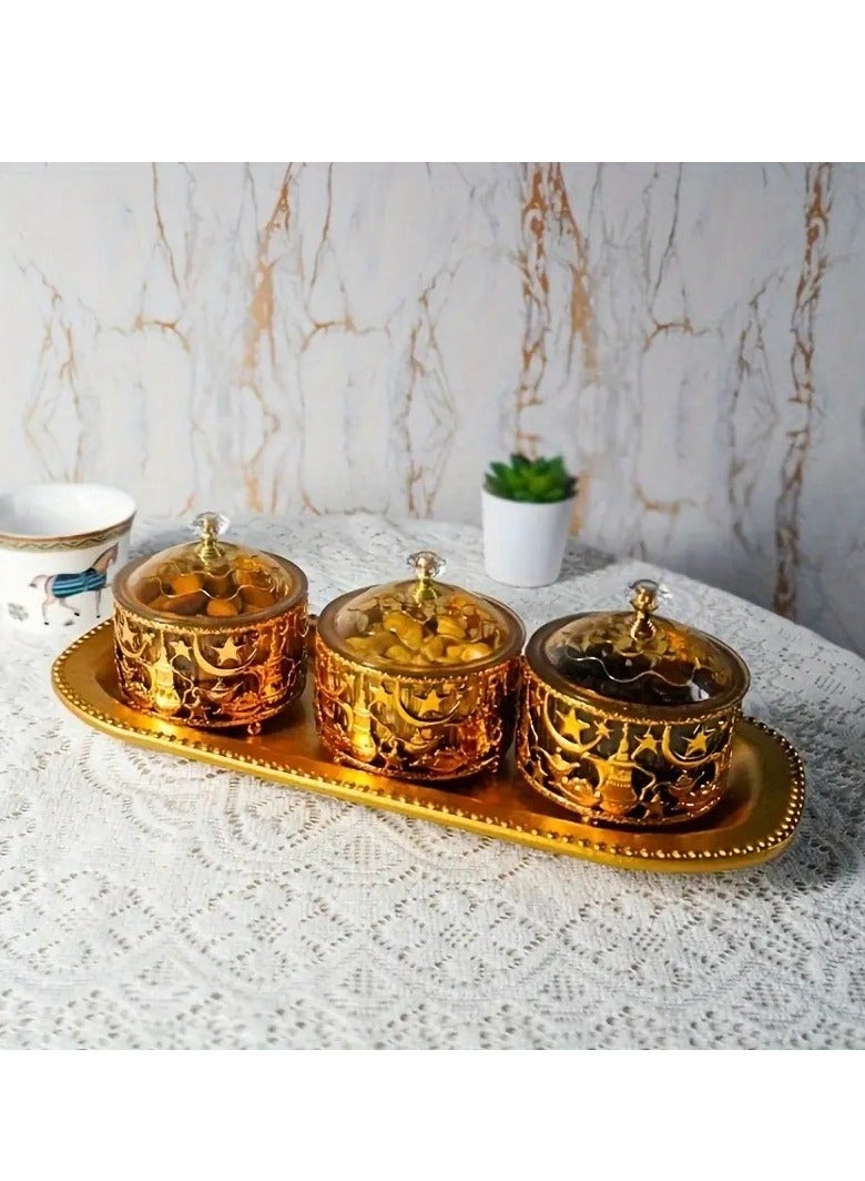 هوم كير مجموعة من 3 قطع من صواني الزينة المعدنية لزينة عيد الفطر، مناسبة لتزيين صينية رمضان، ديكور الطاولة الإسلامية للحلوى والوجبات الخفيفة وصينية عرض الفاكهة 35 × 11 سم - Image 5