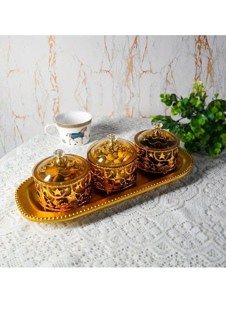 هوم كير مجموعة من 3 قطع من صواني الزينة المعدنية لزينة عيد الفطر، مناسبة لتزيين صينية رمضان، ديكور الطاولة الإسلامية للحلوى والوجبات الخفيفة وصينية عرض الفاكهة 35 × 11 سم - Image 4