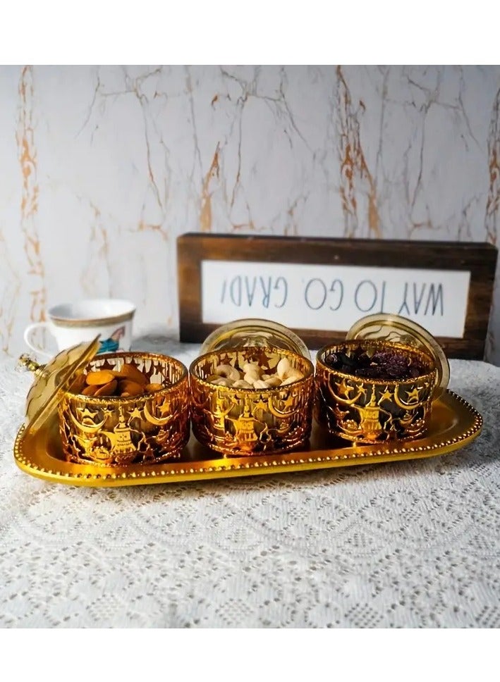هوم كير مجموعة من 3 قطع من صواني الزينة المعدنية لزينة عيد الفطر، مناسبة لتزيين صينية رمضان، ديكور الطاولة الإسلامية للحلوى والوجبات الخفيفة وصينية عرض الفاكهة 35 × 11 سم - Image 2