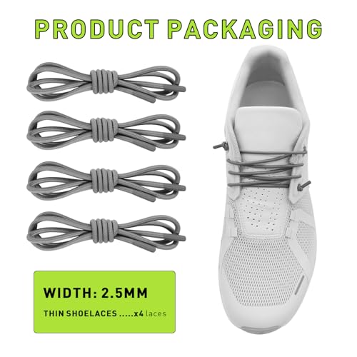 NDTEZUGT 2 Pairs 1/10" (2.5mm) Elastic Thin Shoe Laces, Stretch Round Shoelaces Shoe Strings Replacement for Sneaker,Tieless No Tie Laces for Adults and Kids (Dark Gray 03, 18''/45cm) - Image 2
