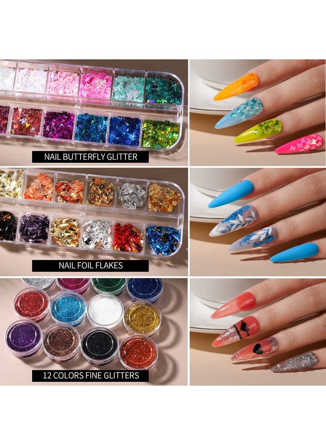 فندامي طقم فن الأظافر طقم أدوات تصميم الأظافر مع فرش فن الأظافر أدوات تنقيط الأظافر بريق ناعم على شكل فراشة مسمار قلب بريق ترتر رقائق رقائق الأظافر مسمار الفن أحجار الراين فرشاة غبار الأظافر - Image 4