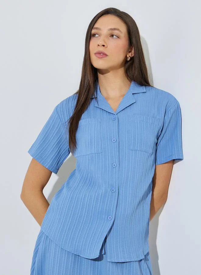Styli Blue Textured Shirt and Skirt Co-ord Set