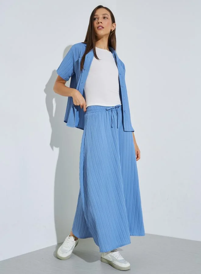 Styli Blue Textured Shirt and Skirt Co-ord Set