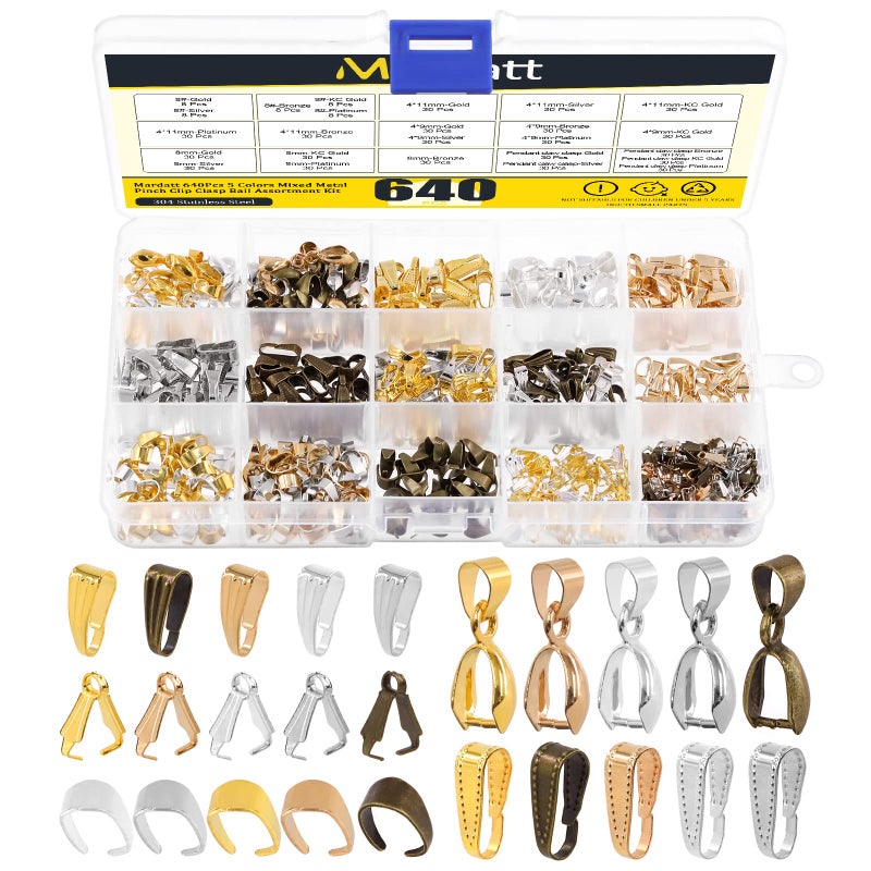 Mardatt 640Pcs 5 Styles Metal Pinch Clip Clasp Assortment Set Snap on Dangle Bead Pendant Pinch Clip Bails Chain Connectors Snap Bail Hook for Necklace Jewelry Making