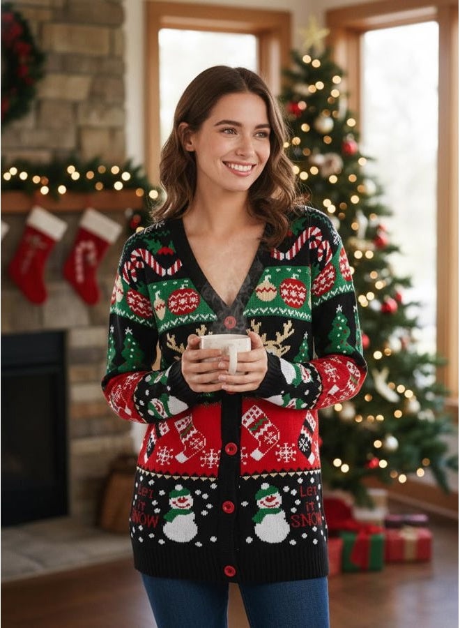 v28 Ugly Christmas Sweater for Women Reindeer Funny Merry Knit Sweaters Cardigan, Cardigan Snowman Black, XL - Image 4
