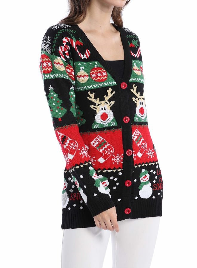 v28 Ugly Christmas Sweater for Women Reindeer Funny Merry Knit Sweaters Cardigan, Cardigan Snowman Black, XL - Image 2