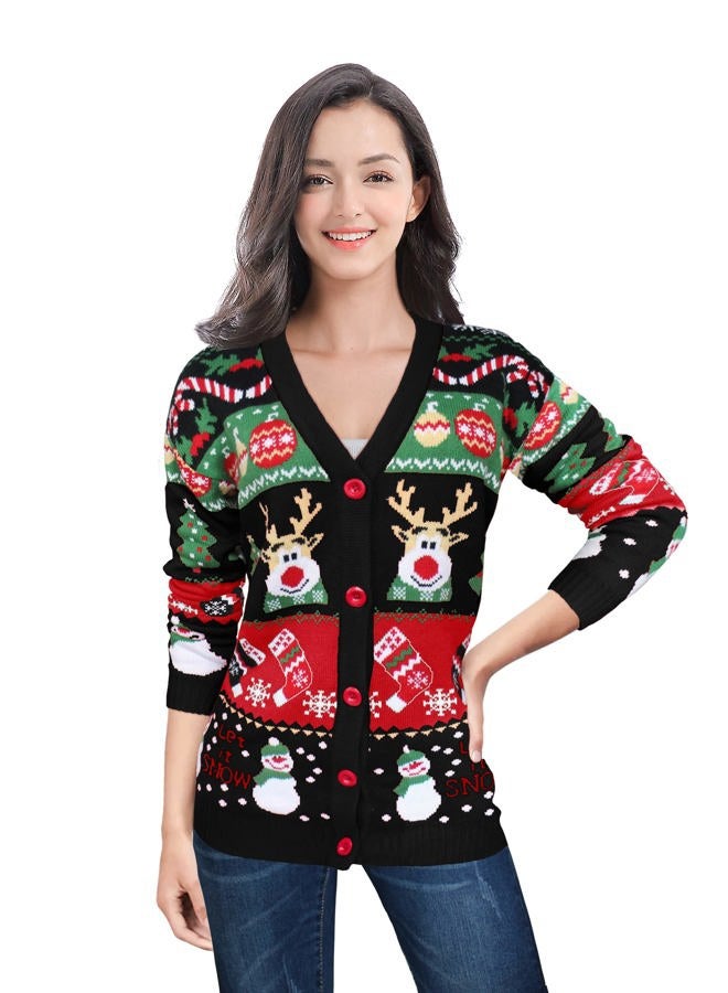 v28 Ugly Christmas Sweater for Women Reindeer Funny Merry Knit Sweaters Cardigan, Cardigan Snowman Black, XL - Image 1