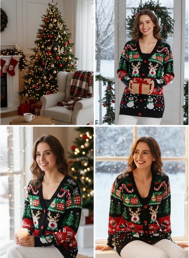v28 Ugly Christmas Sweater for Women Reindeer Funny Merry Knit Sweaters Cardigan, Cardigan Snowman Black, XL - Image 5