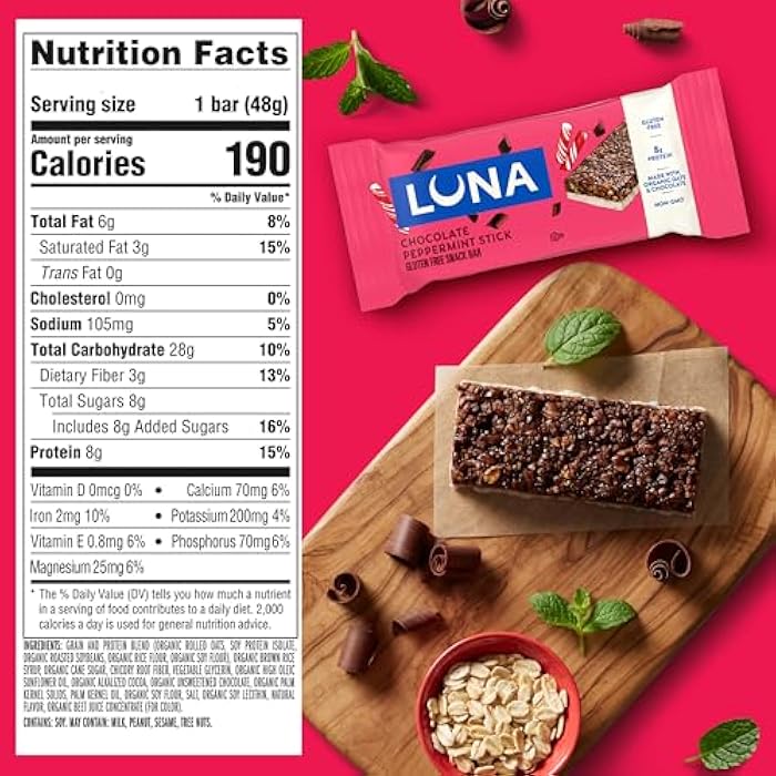 LUNA BAR بار لونا - نكهة شوكولاتة بالنعناع - بار وجبات خفيفة خالية من الجلوتين - غير معدلة وراثيًا - بار بروتين - مصنوعة من الشوفان العضوي - عبوة قيمة (12 بار)  - Image 2