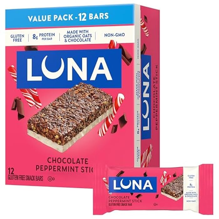 LUNA BAR بار لونا - نكهة شوكولاتة بالنعناع - بار وجبات خفيفة خالية من الجلوتين - غير معدلة وراثيًا - بار بروتين - مصنوعة من الشوفان العضوي - عبوة قيمة (12 بار)  - Image 1