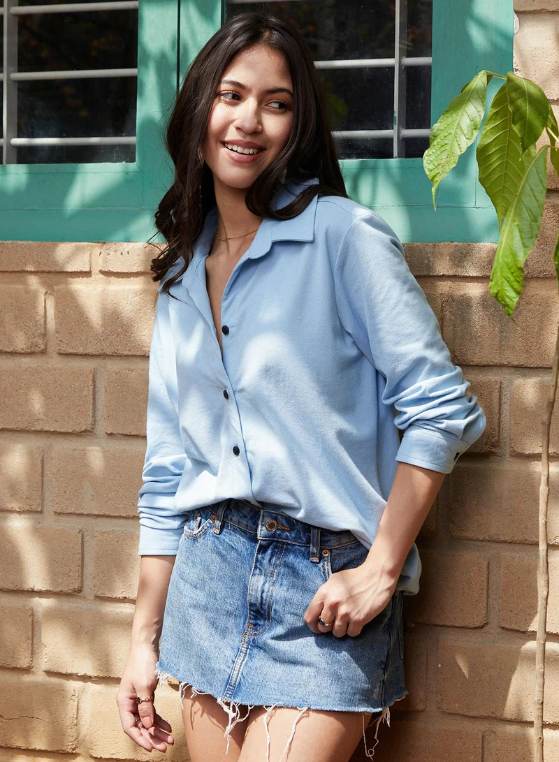 Women's Sky Blue Canvas Relaxed Shirt | نساء | أكمام طويلة | سادة | كاجوال | قميص | طوق منتشر