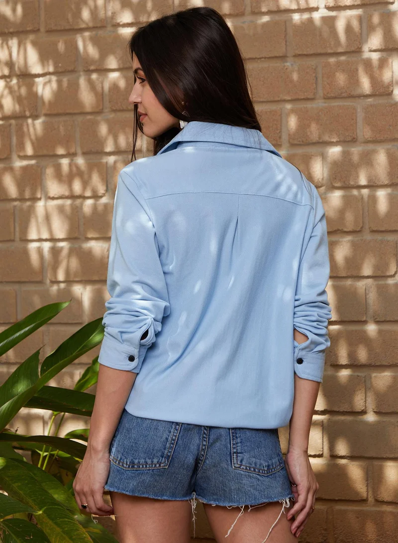 PINACOLADA  Women's Sky Blue Canvas Relaxed Shirt | نساء | أكمام طويلة | سادة | كاجوال | قميص | طوق منتشر for Women | Best Price UAE