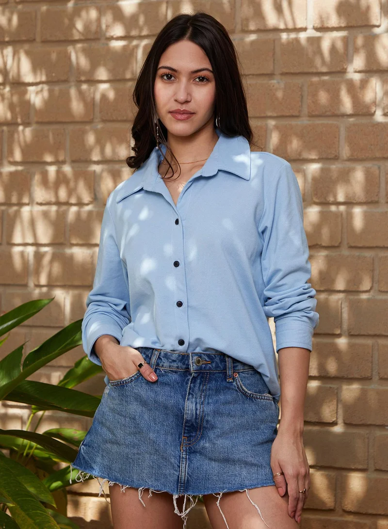 PINACOLADA Women's Sky Blue Canvas Relaxed Shirt | نساء | أكمام طويلة | سادة | كاجوال | قميص | طوق منتشر