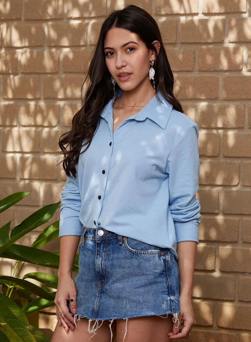 PINACOLADA  Women's Sky Blue Canvas Relaxed Shirt | نساء | أكمام طويلة | سادة | كاجوال | قميص | طوق منتشر for Women | Best Price UAE