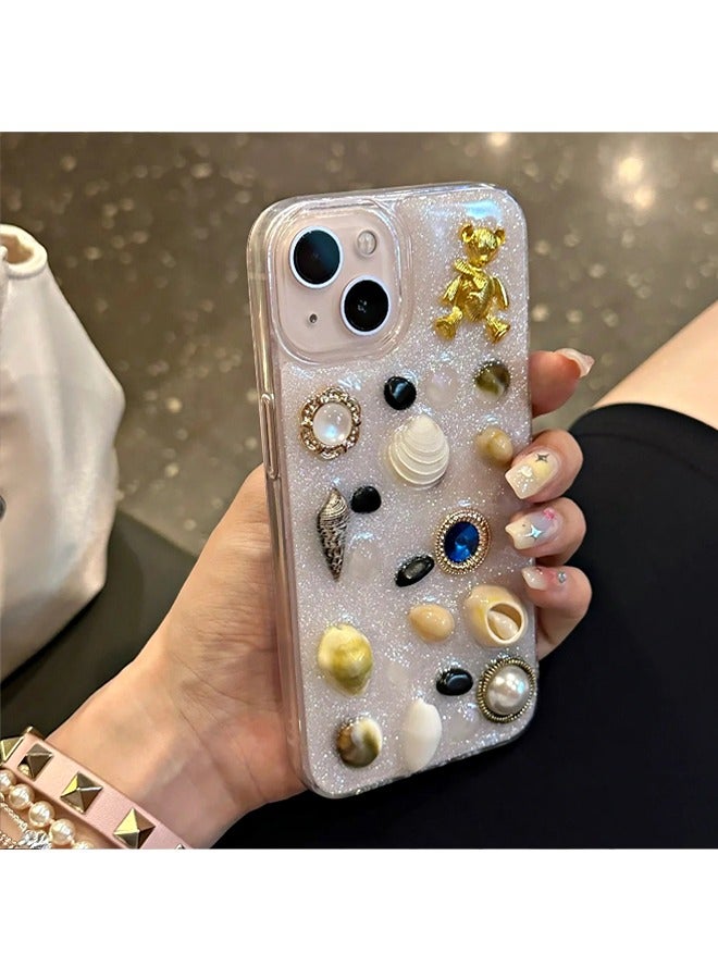 Phone Case For  iPhone 15, Very stylish creative design, pure handcrafted, 3D shell pearls and gems the Phone Case for  Women Girls Glitter White - Image 5