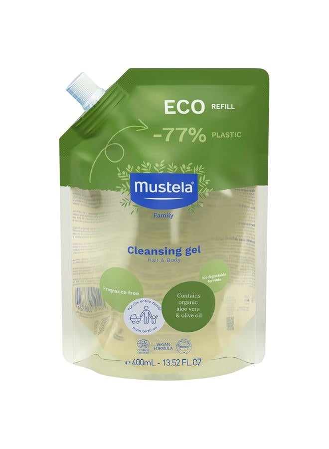 Mustela Certified Organic Eco-Refill Cleansing Gel - Natural Hair & Body Wash with Olive Oil & Aloe Vera - For Baby, Kid & Adult - Fragrance Free, Tear Free, Vegan & Biodegradable - 13.52 fl. oz. - Image 1