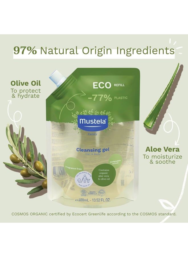 Mustela Certified Organic Eco-Refill Cleansing Gel - Natural Hair & Body Wash with Olive Oil & Aloe Vera - For Baby, Kid & Adult - Fragrance Free, Tear Free, Vegan & Biodegradable - 13.52 fl. oz. - Image 3