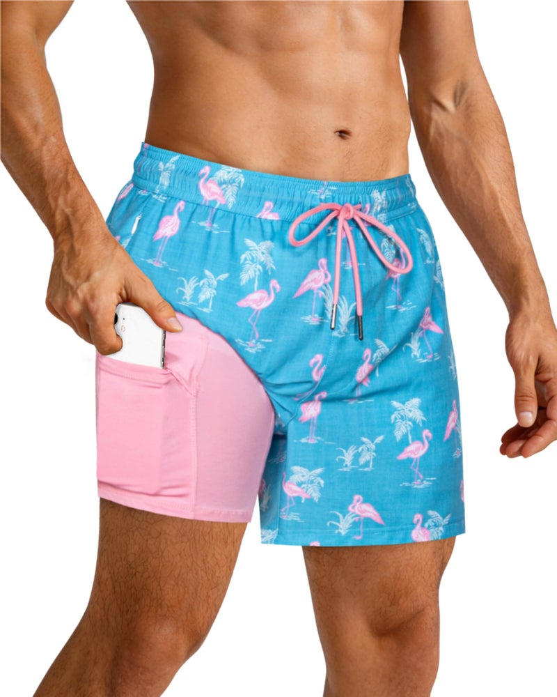 SURF CUZ Mens Swim Trunks with Compression Liner Mens Swimming Trunks 5 Inch Bathing Suit with Zipper Pockets Quick Dry Swim Shorts Light Pink Flamingo Medium - Image 2