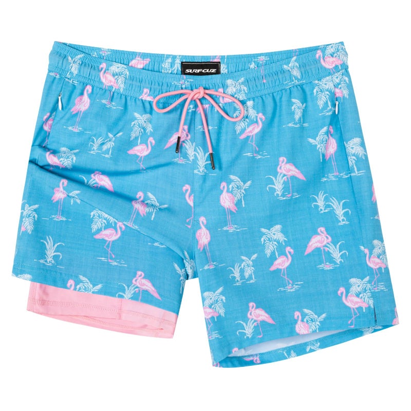 SURF CUZ Mens Swim Trunks with Compression Liner Mens Swimming Trunks 5 Inch Bathing Suit with Zipper Pockets Quick Dry Swim Shorts Light Pink Flamingo Medium - Image 1