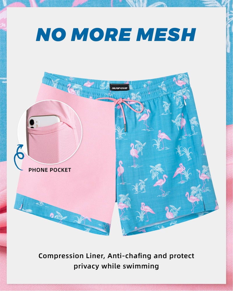 SURF CUZ Mens Swim Trunks with Compression Liner Mens Swimming Trunks 5 Inch Bathing Suit with Zipper Pockets Quick Dry Swim Shorts Light Pink Flamingo Medium - Image 4